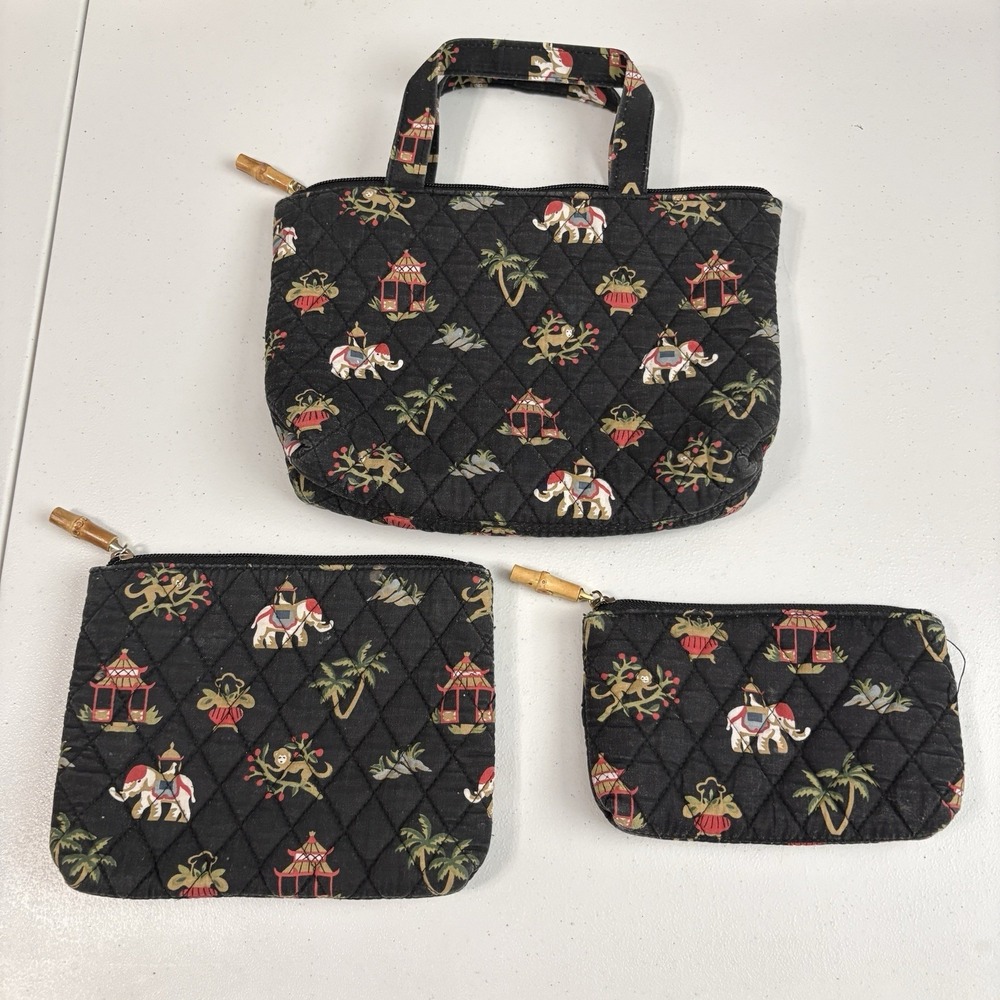 Vintage Chinoiserie Quilted Cosmetic Travel 3 Bag Set Elephants Monkeys Pagodas